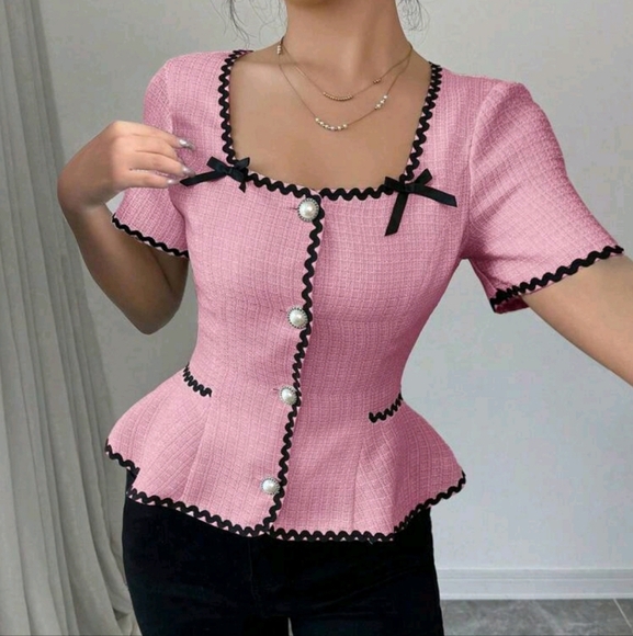 Women's Square Neck Flared Waist Bowknot Ruffle Trim Short Sleeve Blouse - Picture 1 of 4